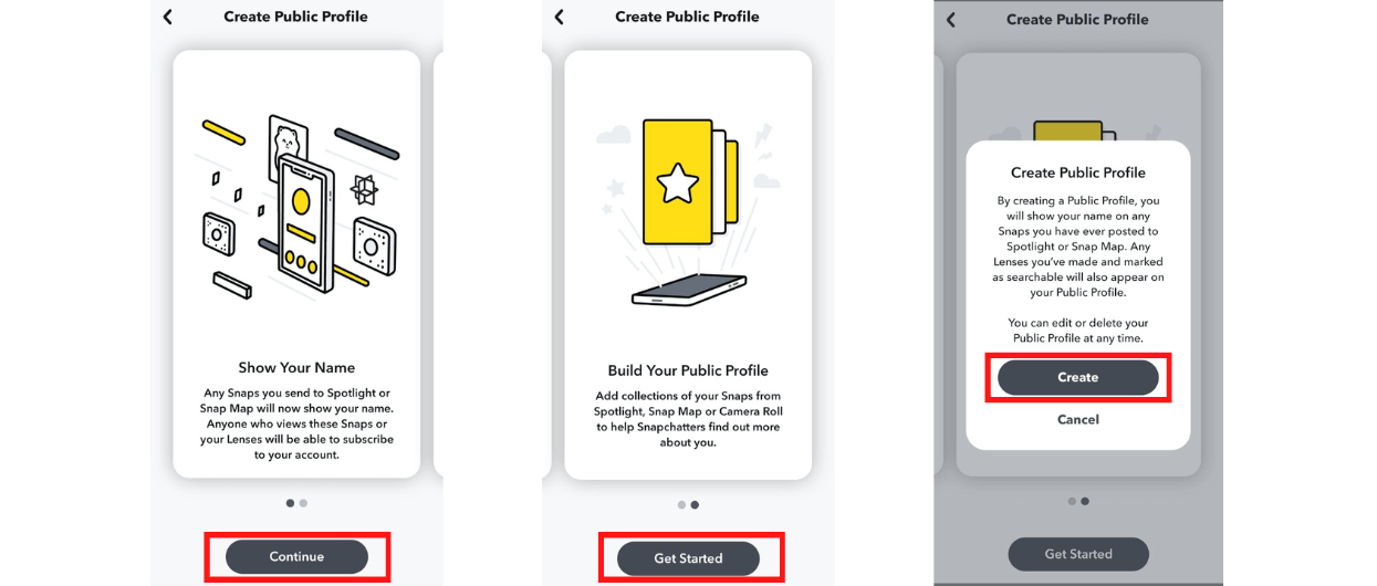 Click on Create button to create public profile on Snapchat